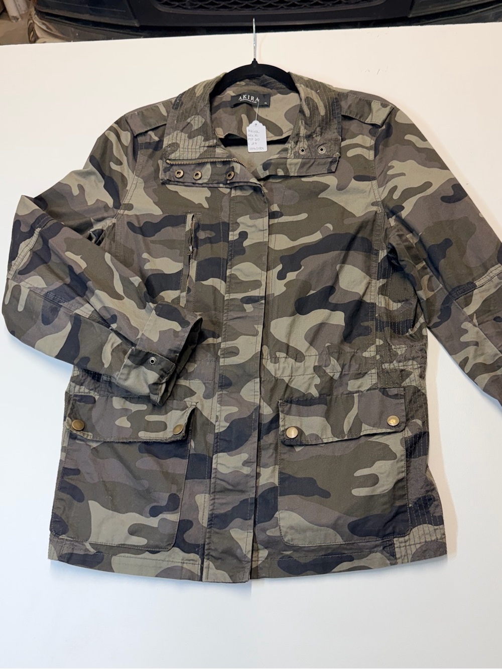 W133 AKIRA Green and Black Camo Zip-Front Utility Jacket